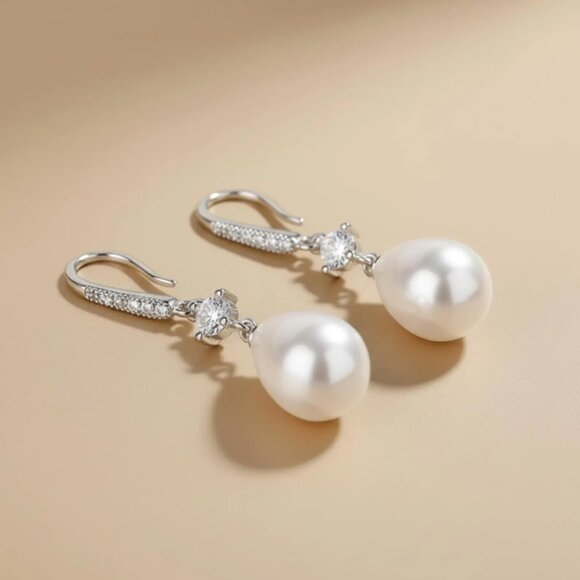 Diamond Pearl Earrings, Simple Freshwater Pearl Drop Earrings, Everyday Elegant - Picture 3 of 5